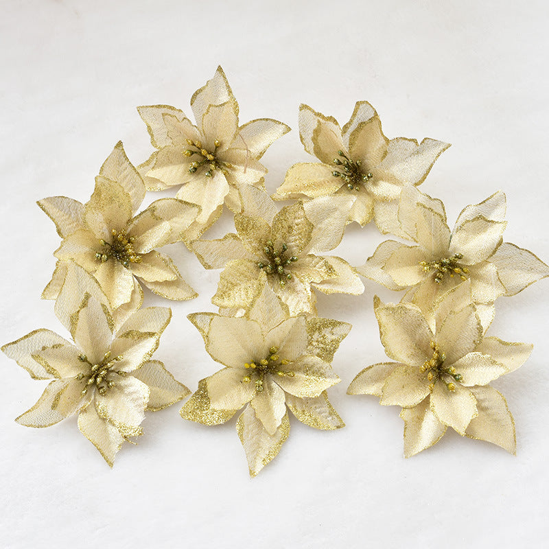 HKM-042899 Three-Layer Gold Powder Christmas Flower - 13cm, Set of 10