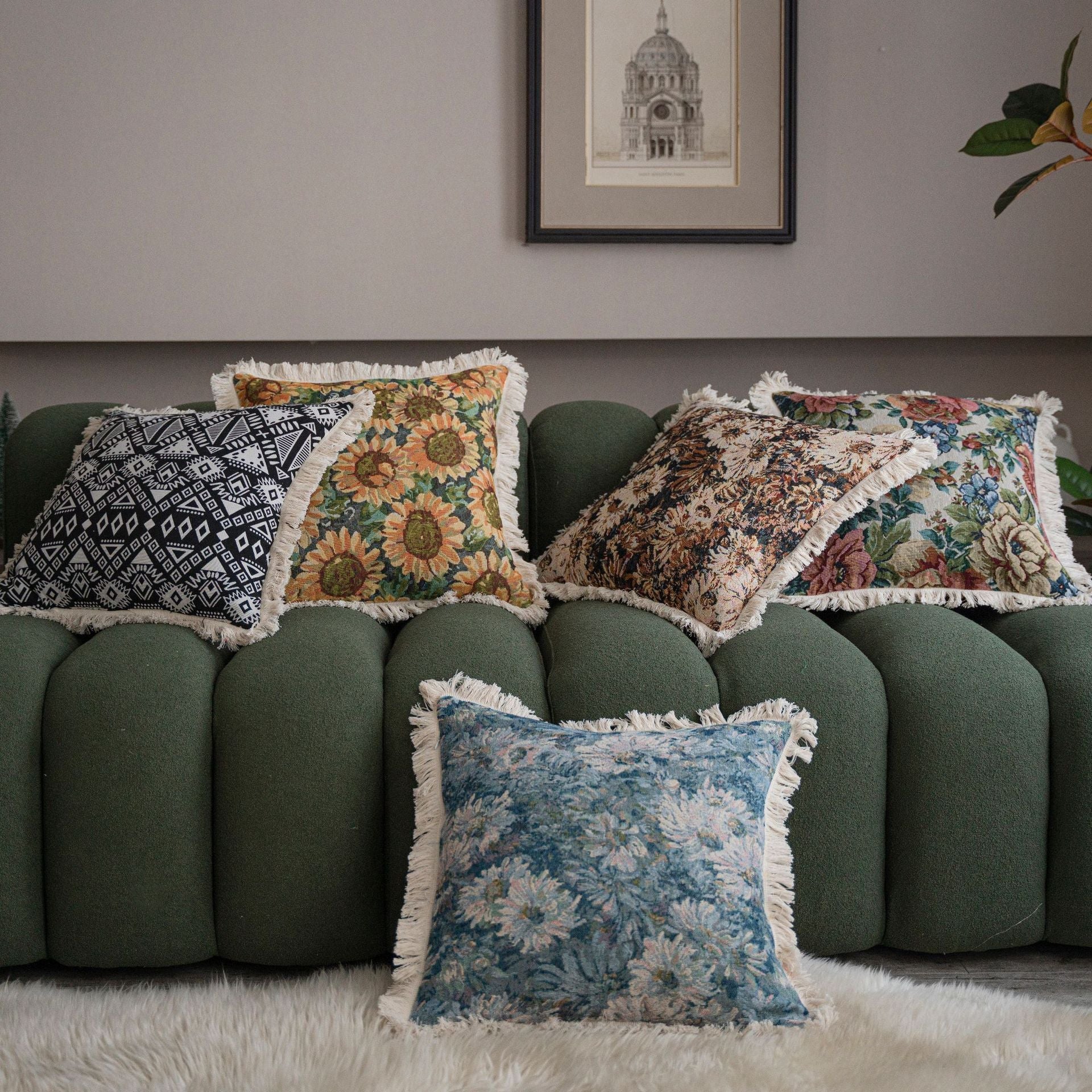 HKM-043155 American Jacquard Plant and Flower Cushion Cover - 60x60CM and 45x45CM Options Available