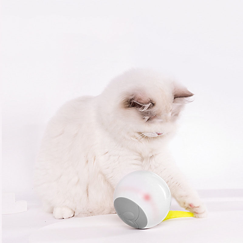 HKM-043219 LED Luminous Automatic Rolling Cat Toy Ball - White & Brown, USB Charging Cable Included