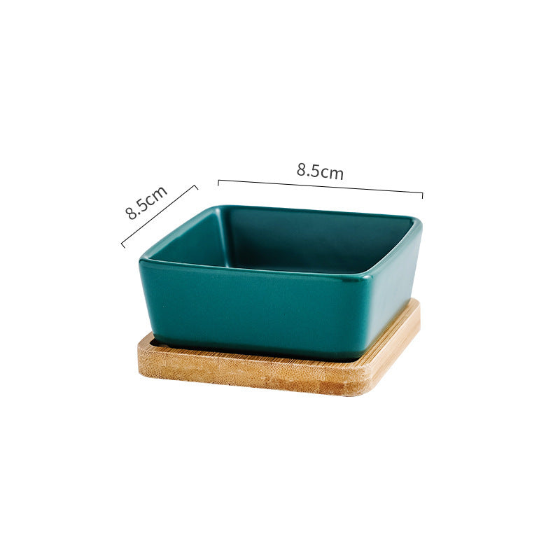 HKM-043283 Ceramic Cat Bowl with Wooden Support - Anti-Tip Design, Multiple Colors Available
