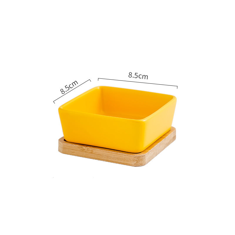 HKM-043283 Ceramic Cat Bowl with Wooden Support - Anti-Tip Design, Multiple Colors Available