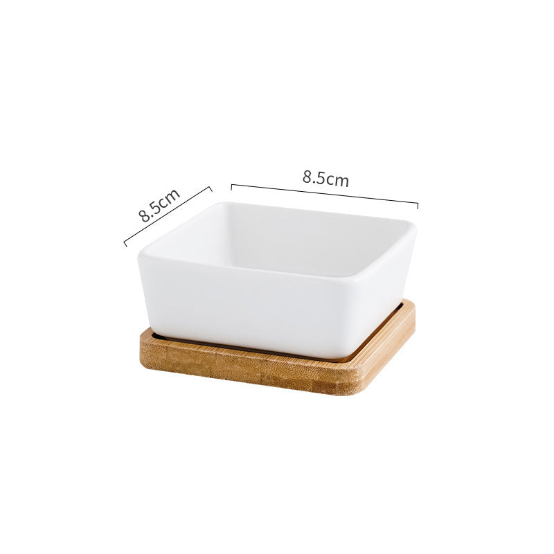 HKM-043283 Ceramic Cat Bowl with Wooden Support - Anti-Tip Design, Multiple Colors Available
