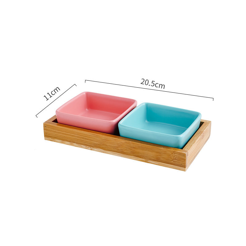 HKM-043283 Ceramic Cat Bowl with Wooden Support - Anti-Tip Design, Multiple Colors Available
