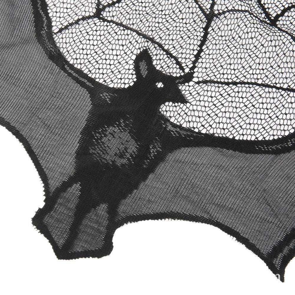 KTX-043475 Black Spider Web Bat Lace Curtain - Halloween Decoration, Polyester Fiber, 93 x 57 cm