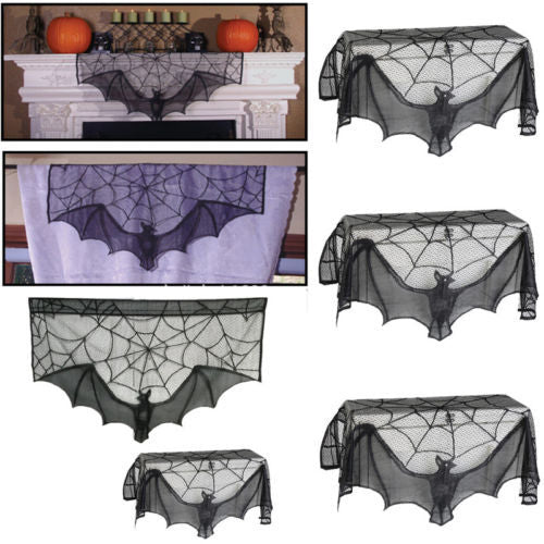 KTX-043475 Black Spider Web Bat Lace Curtain - Halloween Decoration, Polyester Fiber, 93 x 57 cm