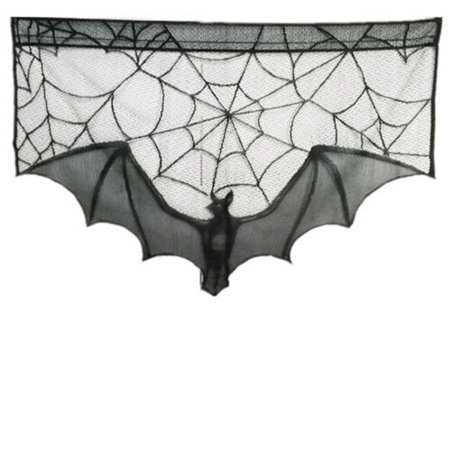 KTX-043475 Black Spider Web Bat Lace Curtain - Halloween Decoration, Polyester Fiber, 93 x 57 cm
