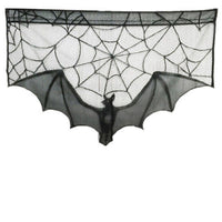 HKM-043475 Black Spider Web Bat Lace Curtain - Halloween Decoration, Polyester Fiber, 93 x 57 cm