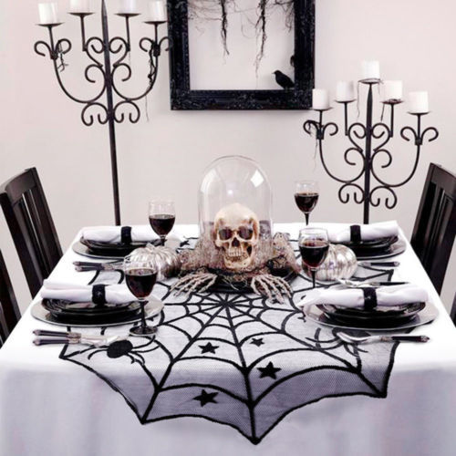 KTX-043475 Black Spider Web Bat Lace Curtain - Halloween Decoration, Polyester Fiber, 93 x 57 cm