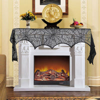 HKM-043475 Black Spider Web Bat Lace Curtain - Halloween Decoration, Polyester Fiber, 93 x 57 cm