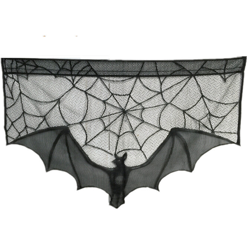 KTX-043475 Black Spider Web Bat Lace Curtain - Halloween Decoration, Polyester Fiber, 93 x 57 cm