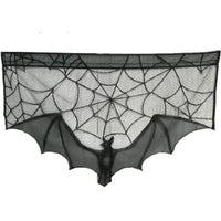 HKM-043475 Black Spider Web Bat Lace Curtain - Halloween Decoration, Polyester Fiber, 93 x 57 cm