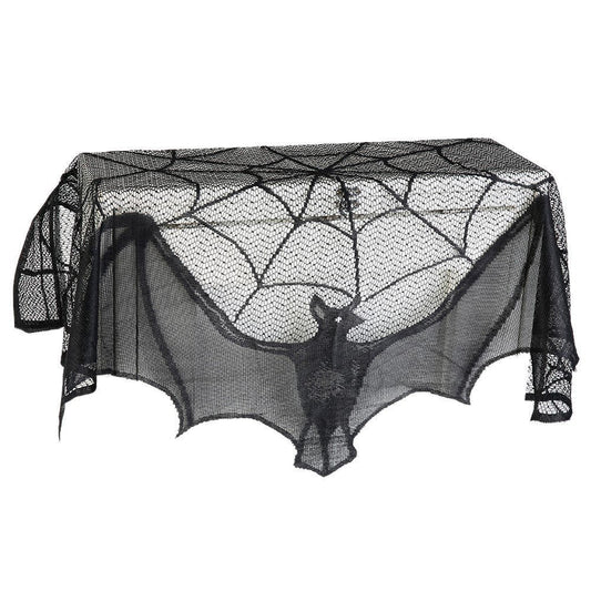 KTX-043475 Black Spider Web Bat Lace Curtain - Halloween Decoration, Polyester Fiber, 93 x 57 cm