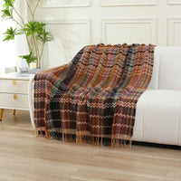 HKM-043923 Ethnic Striped Plush Woven Blanket in Warm Tones for All Seasons