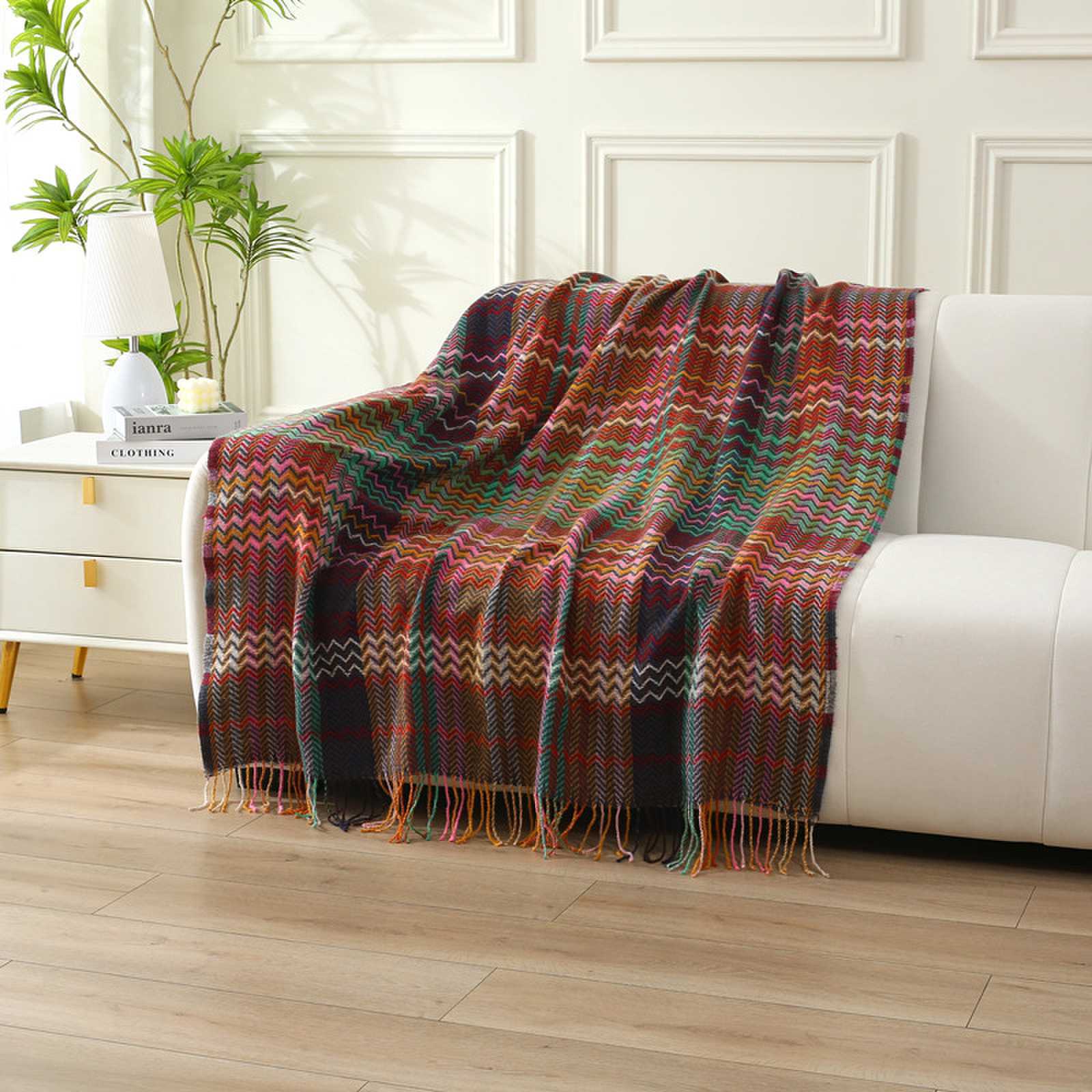 HKM-043923 Ethnic Striped Plush Woven Blanket in Warm Tones for All Seasons