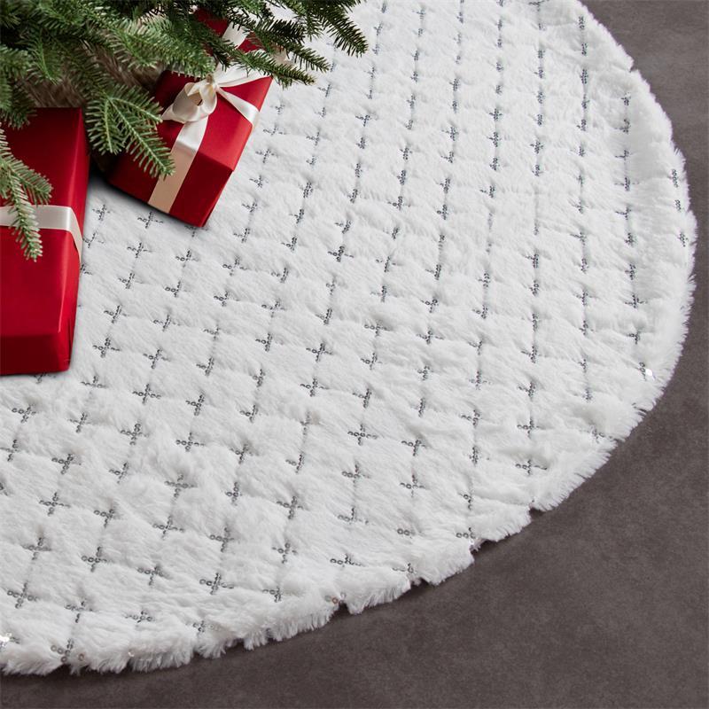 HKM-044051 Elegant White Christmas Tree Skirt with Sequins and Diamond Plaid Design, 48 inches