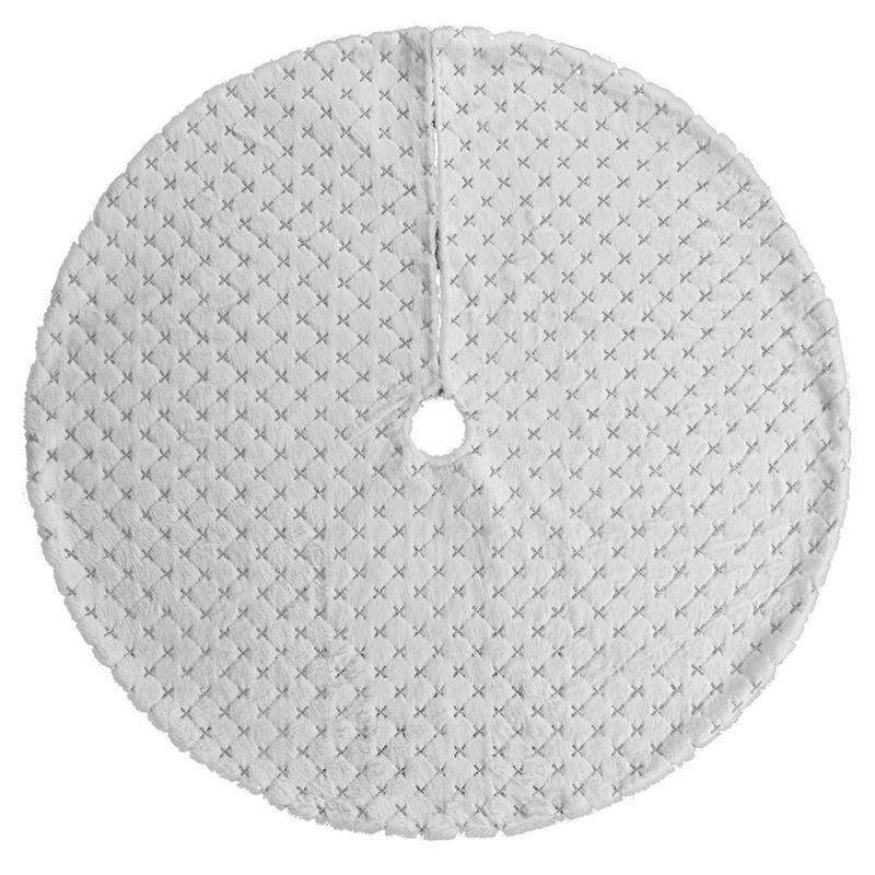 HKM-044051 Elegant White Christmas Tree Skirt with Sequins and Diamond Plaid Design, 48 inches