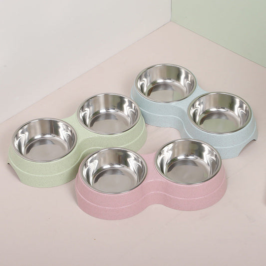 HKM-044435 Wheat Straw Double Bowl for Cats - Cute and Eco-Friendly Pet Feeding Dish in Pink, Blue, Green