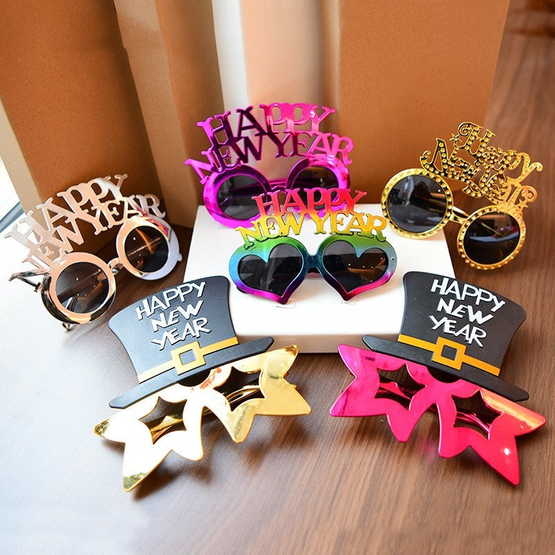 HKM-044691 Cartoon New Year Glasses - Fun Plastic Party Accessories in Gold and Silver Styles