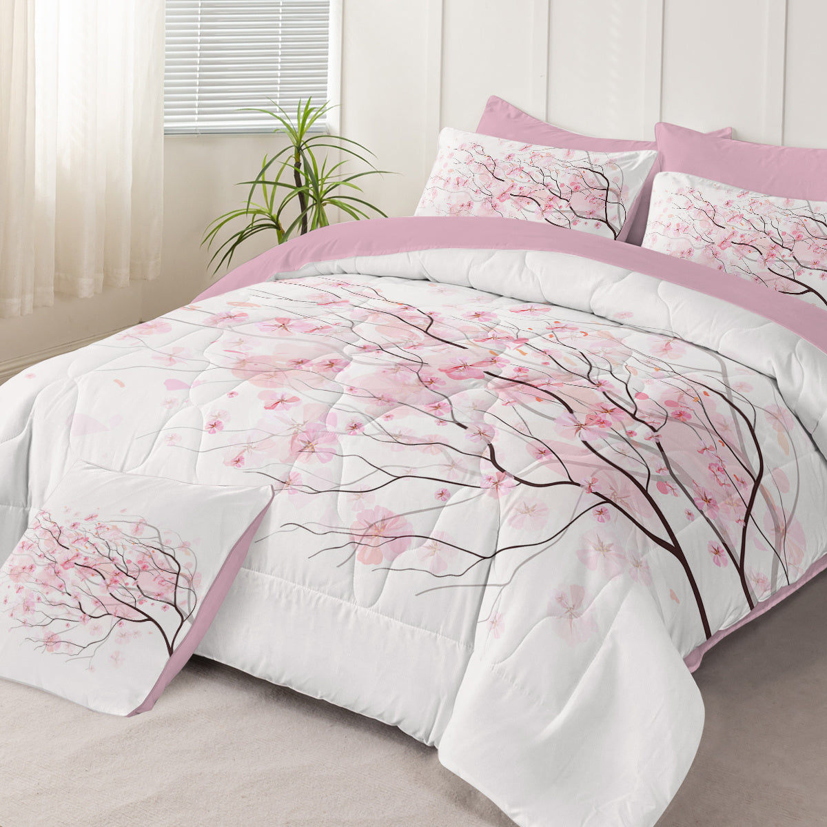 HKM-045075 Cherry Blossom Twin Size 8-Piece Microfiber Comforter Set with Pillow Cover, Sheets, and Cushion Covers