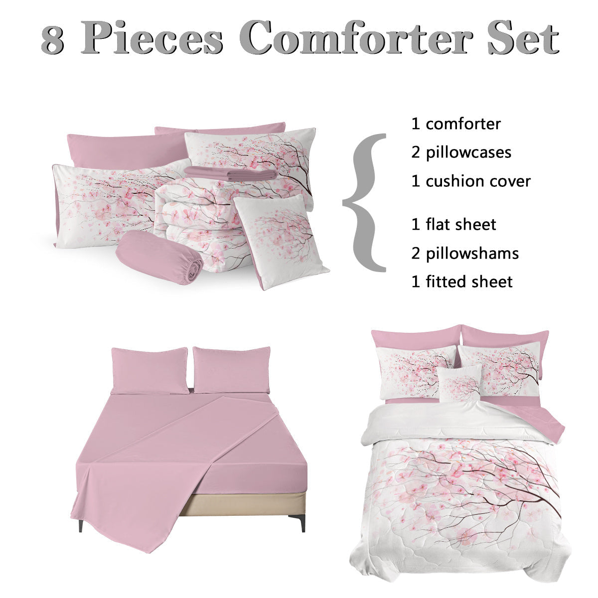 HKM-045075 Cherry Blossom Twin Size 8-Piece Microfiber Comforter Set with Pillow Cover, Sheets, and Cushion Covers