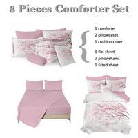HKM-045075 Cherry Blossom Twin Size 8-Piece Microfiber Comforter Set with Pillow Cover, Sheets, and Cushion Covers