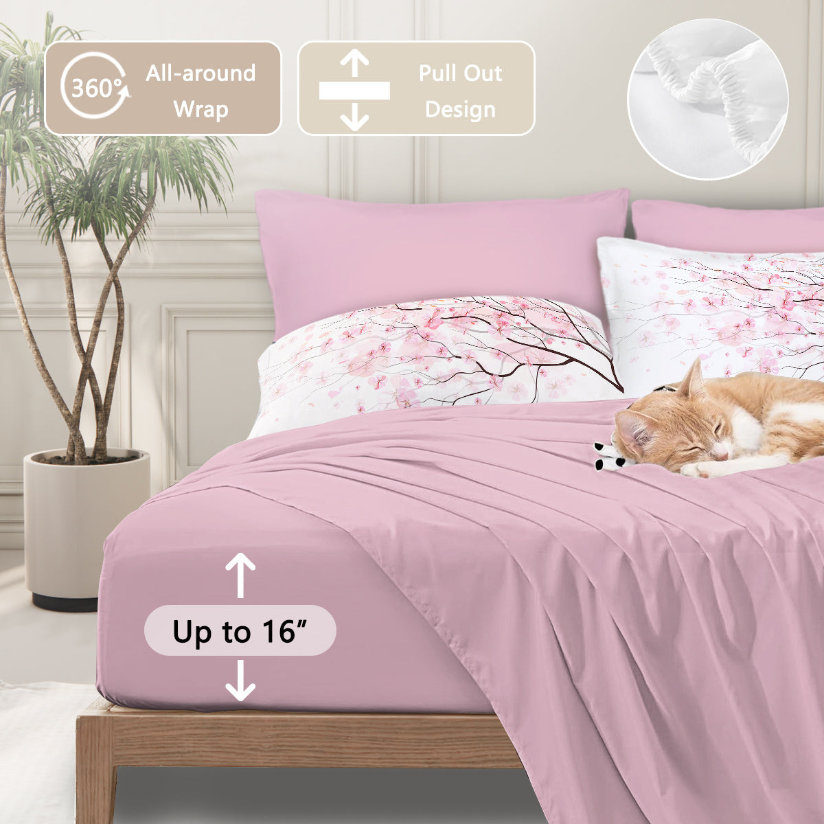 HKM-045075 Cherry Blossom Twin Size 8-Piece Microfiber Comforter Set with Pillow Cover, Sheets, and Cushion Covers