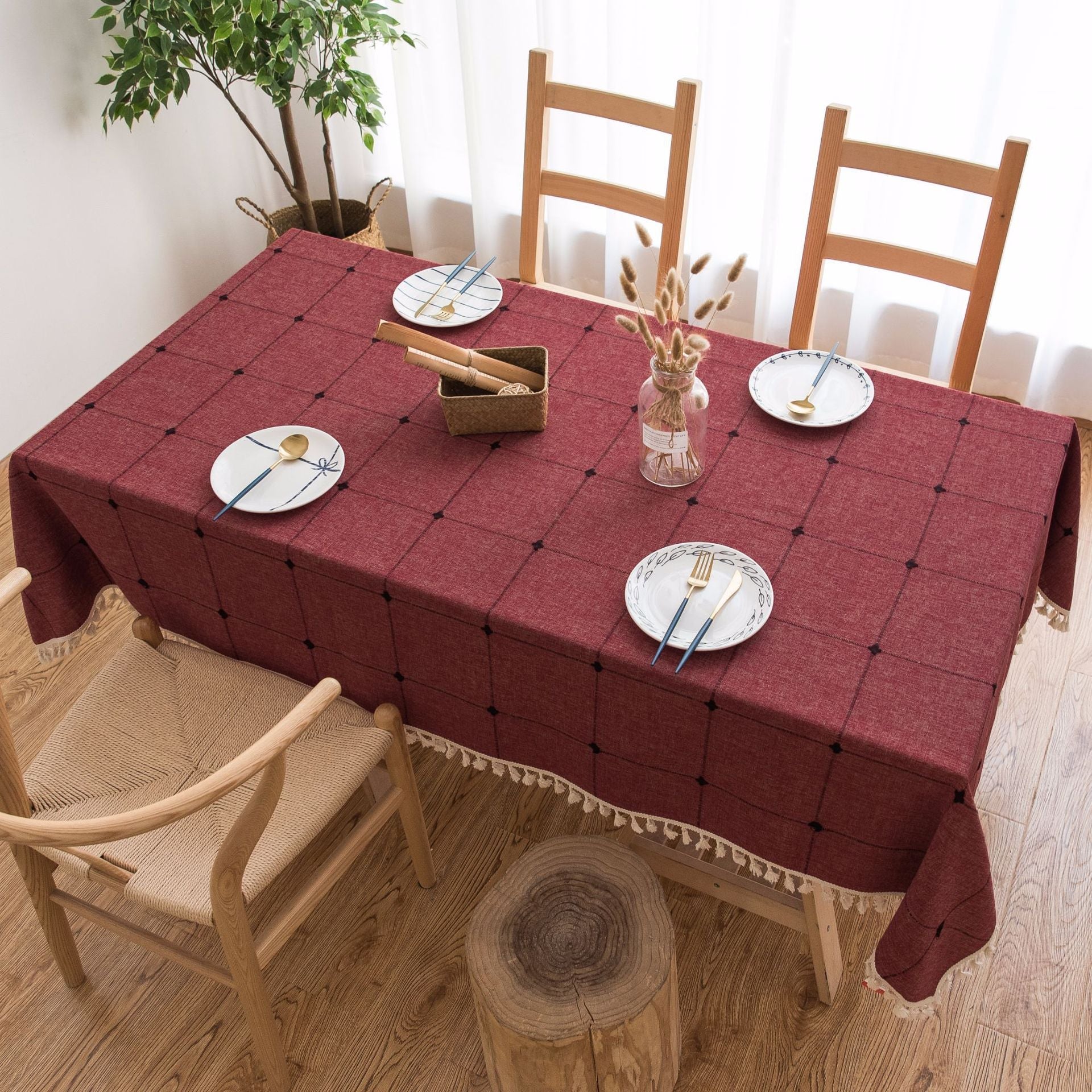 HKM-045139 Floral Jacquard Tablecloth - Large Square Cotton and Linen Blend, Modern Rectangle Design
