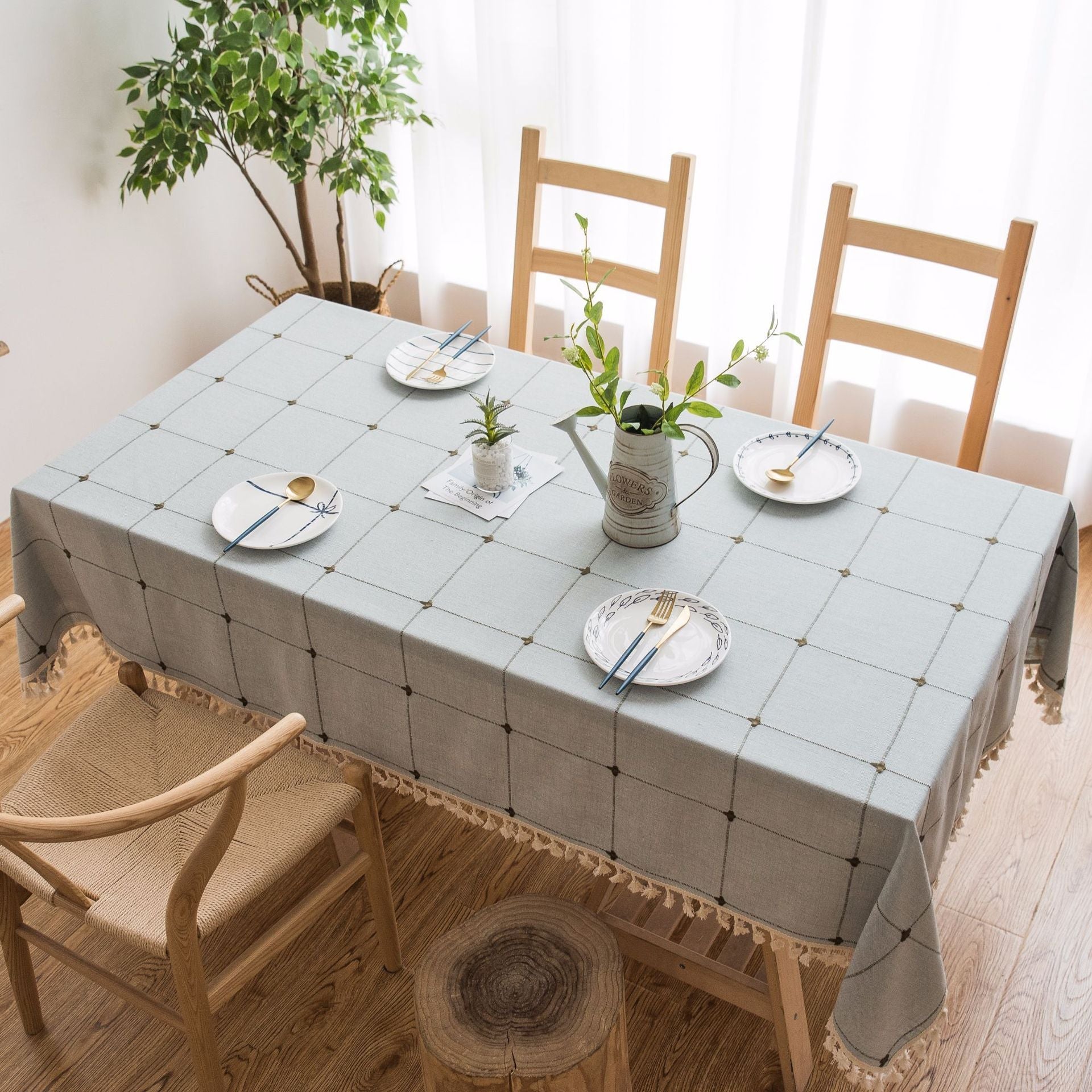 HKM-045139 Floral Jacquard Tablecloth - Large Square Cotton and Linen Blend, Modern Rectangle Design