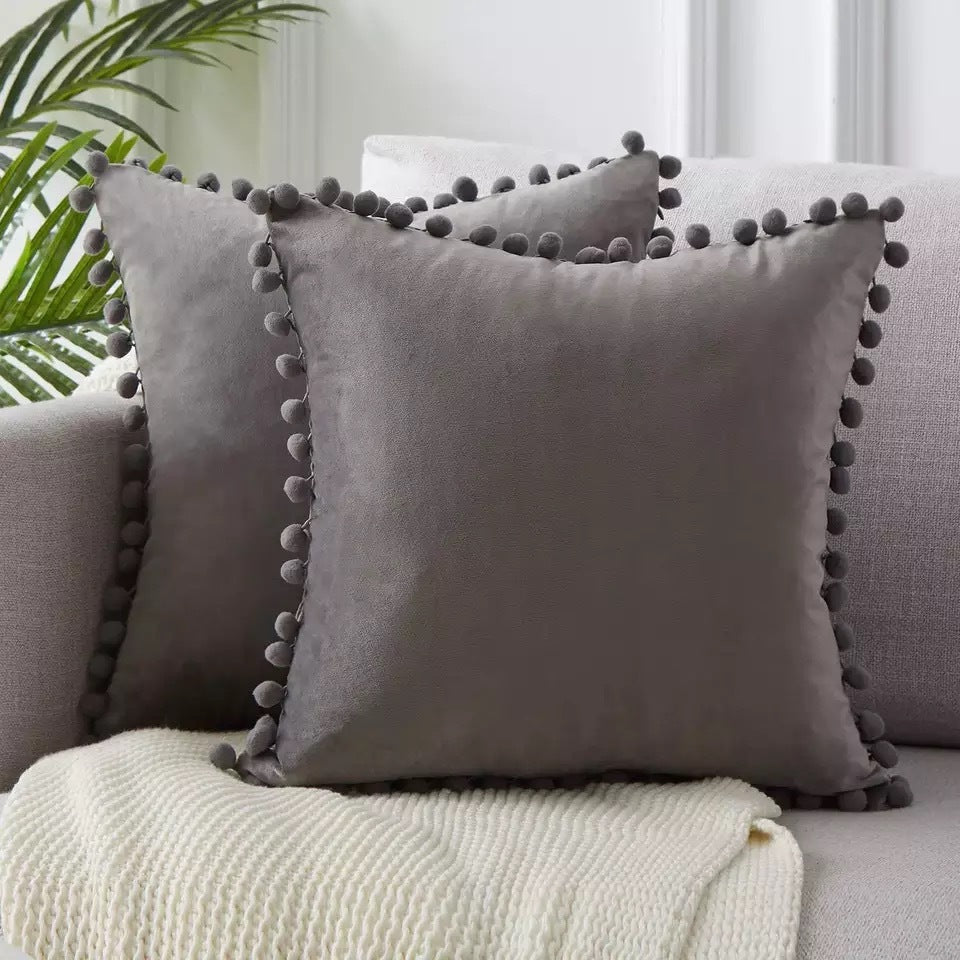 HKM-045459 Solid Color Velvet Ball Ball Lace Cushion Cover - Modern Plush Pillow Cases in Various Sizes and Colors