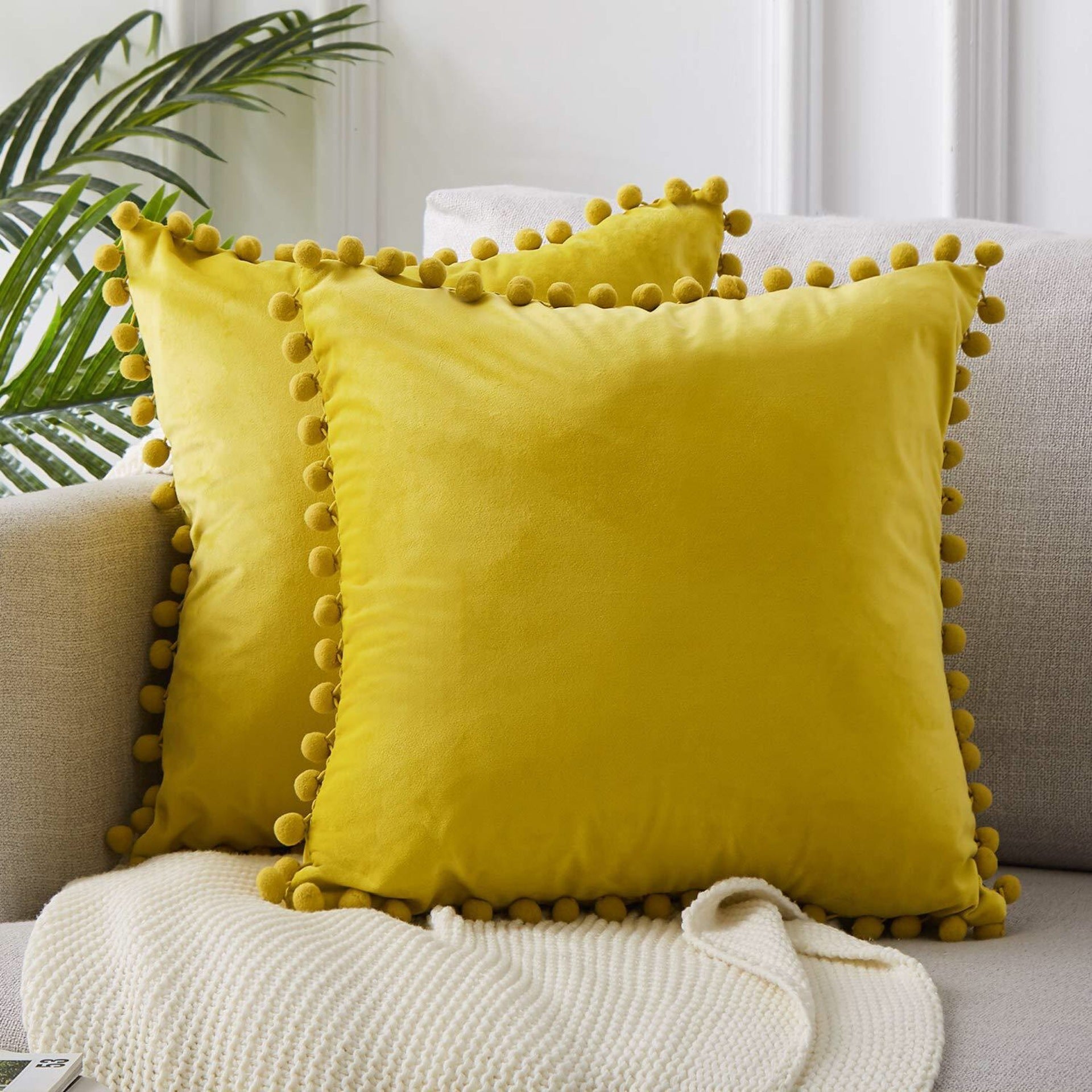 HKM-045459 Solid Color Velvet Ball Ball Lace Cushion Cover - Modern Plush Pillow Cases in Various Sizes and Colors