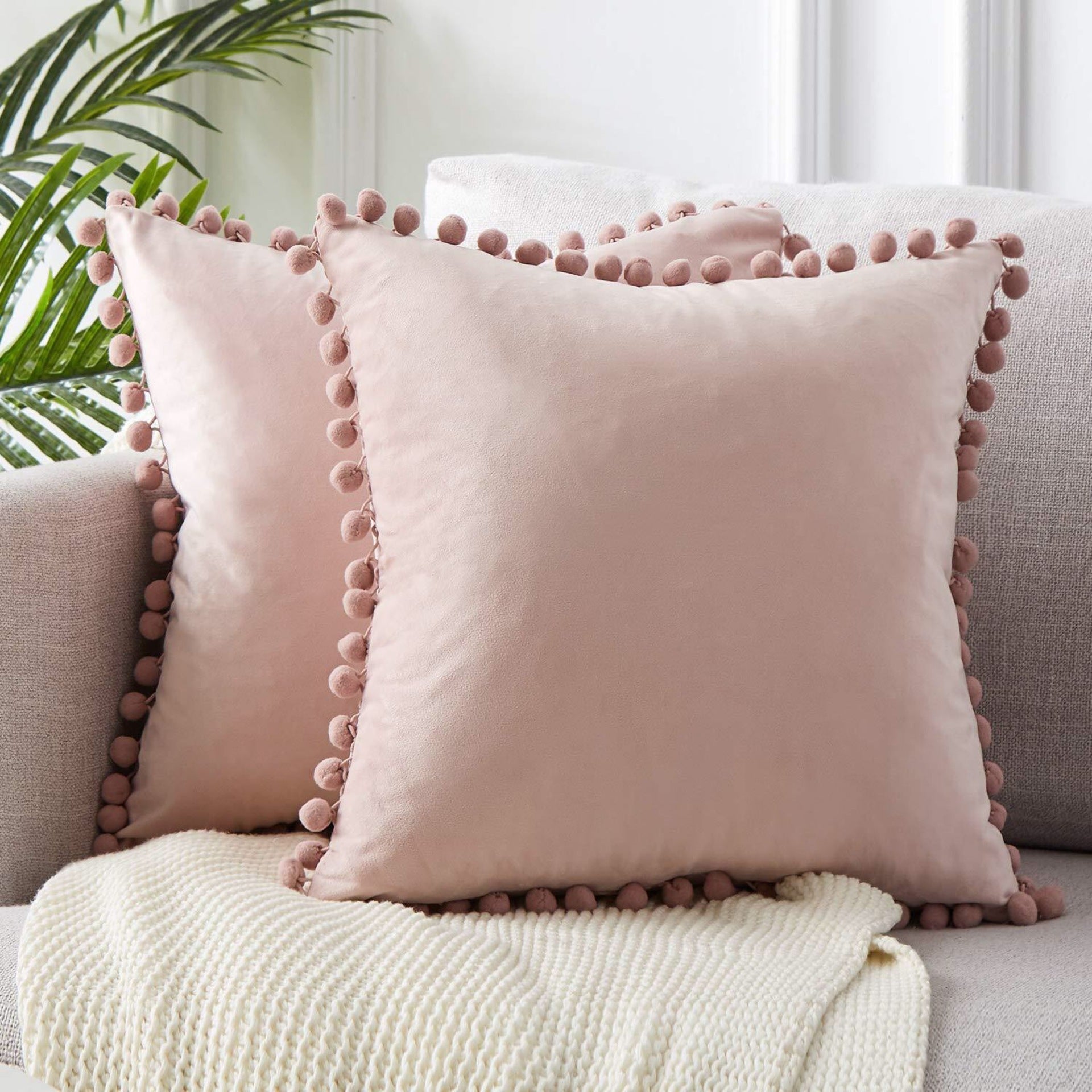 HKM-045459 Solid Color Velvet Ball Ball Lace Cushion Cover - Modern Plush Pillow Cases in Various Sizes and Colors