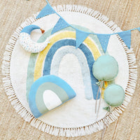 HKM-045715 Children's Round Tassel Carpet in Blue, Pink and Yellow Rainbow - Multiple Size Options Available