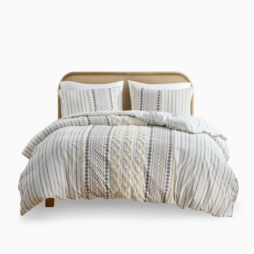 HKM-045907 Cotton Printed Duvet Cover Set with Chenille, Full/Queen Size, Multicolor, Machine Washable