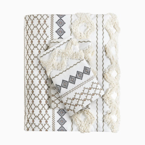 HKM-045907 Cotton Printed Duvet Cover Set with Chenille, Full/Queen Size, Multicolor, Machine Washable