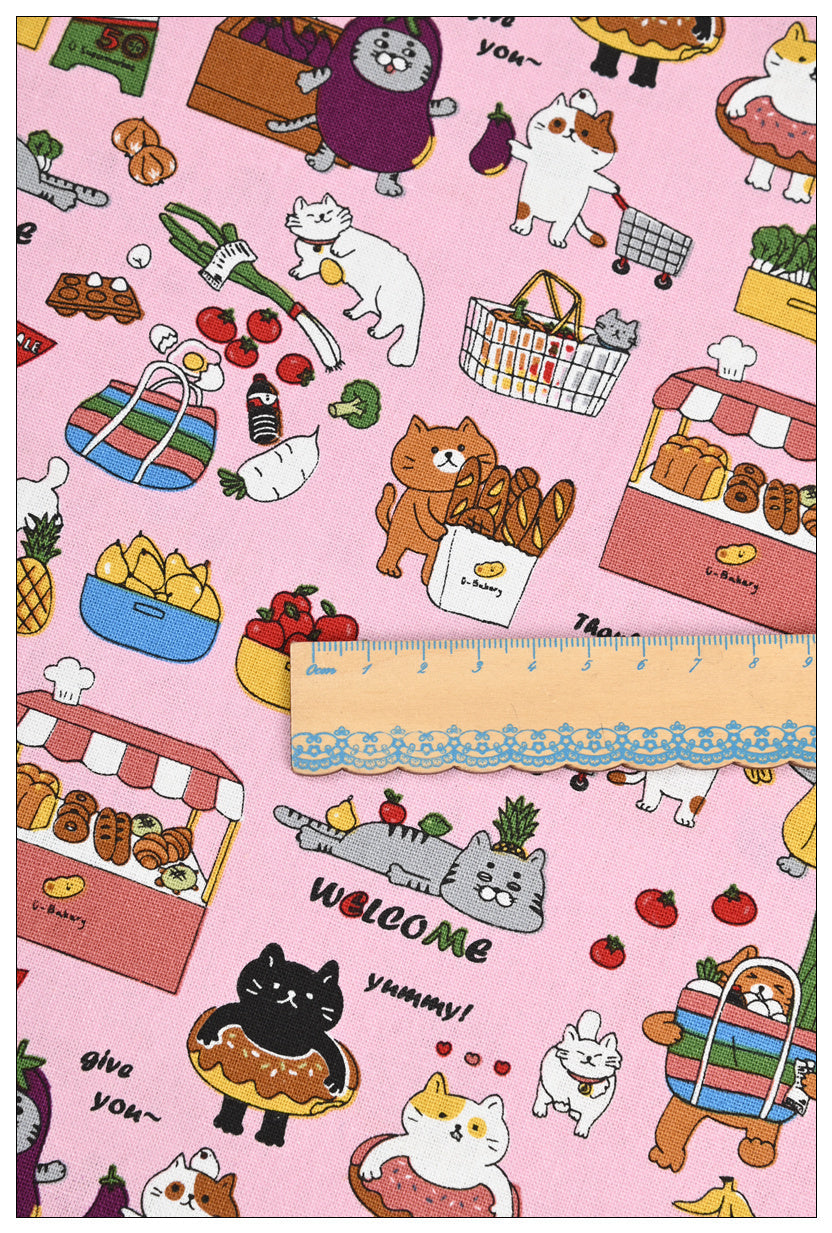 HKM-045907 Thick Cotton Cute Cat Print Fabric for Handmade DIY Projects - 100% Cotton, 110cm Wide