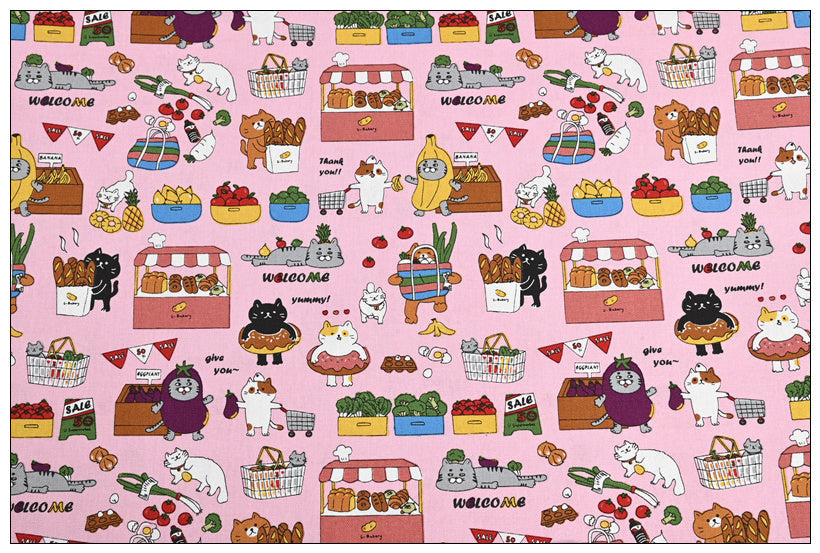 HKM-045907 Thick Cotton Cute Cat Print Fabric for Handmade DIY Projects - 100% Cotton, 110cm Wide