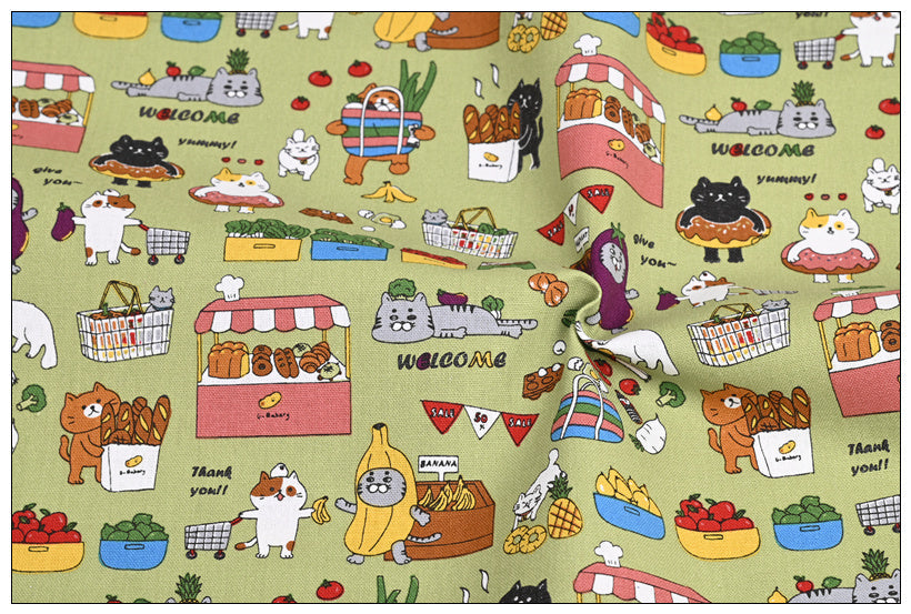 HKM-045907 Thick Cotton Cute Cat Print Fabric for Handmade DIY Projects - 100% Cotton, 110cm Wide