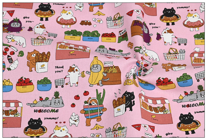 HKM-045907 Thick Cotton Cute Cat Print Fabric for Handmade DIY Projects - 100% Cotton, 110cm Wide