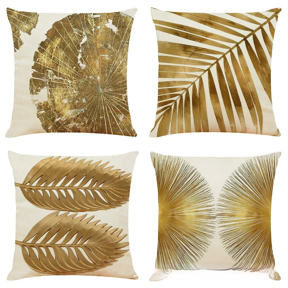 HKM-046035 Golden Leaves Cotton and Linen Cushion Cover - Modern Design, 45x45cm
