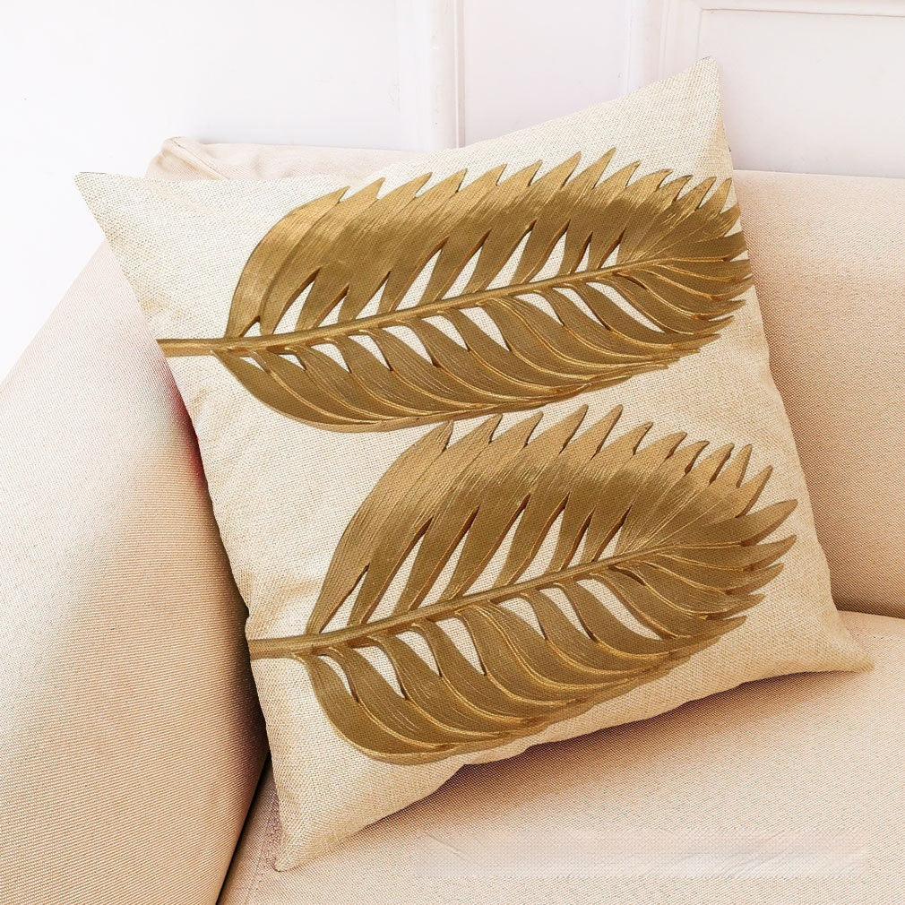 HKM-046035 Golden Leaves Cotton and Linen Cushion Cover - Modern Design, 45x45cm