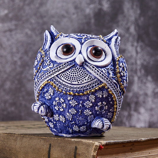 HKM-046163 Blue and White Porcelain Owl Decorative Ornaments - Set of 3 Resin Crafts