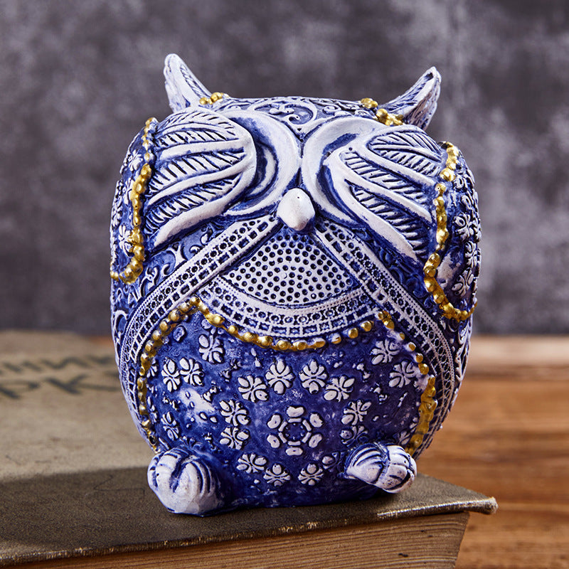 HKM-046163 Blue and White Porcelain Owl Decorative Ornaments - Set of 3 Resin Crafts