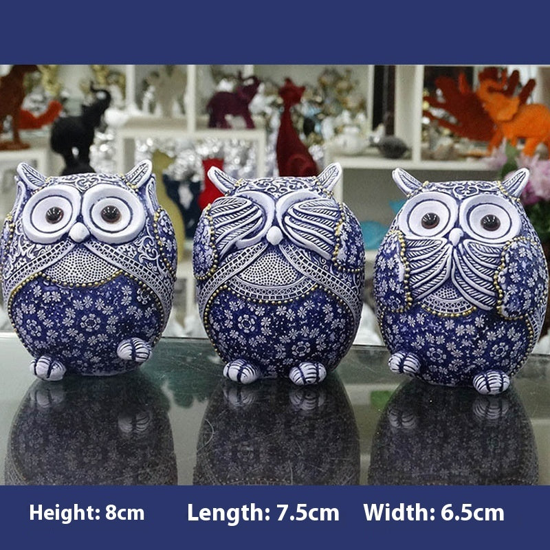 HKM-046163 Blue and White Porcelain Owl Decorative Ornaments - Set of 3 Resin Crafts
