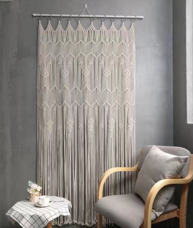 KTX-046931 Hand Woven Bohemian Hoop Door Curtain - Nordic Style Cotton Tapestry, Original White Beige, 85x200 cm