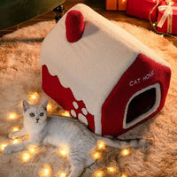HKM-048339 Cozy Enclosed Red Winter Pet Bed with Optional Chimney for Cats