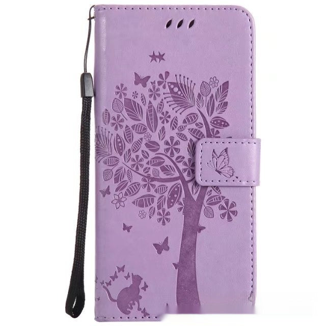 HKM-048467 S23 Cat and Tree Clamshell Mobile Phone Case - Multicolor PU Anti-Fall Design for Samsung