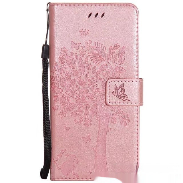 HKM-048467 S23 Cat and Tree Clamshell Mobile Phone Case - Multicolor PU Anti-Fall Design for Samsung
