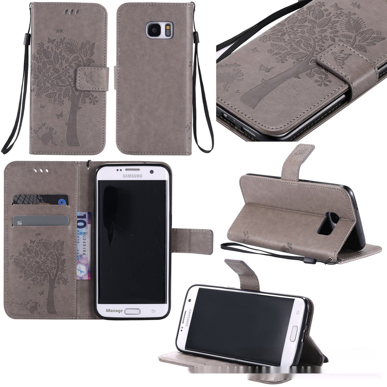 HKM-048467 S23 Cat and Tree Clamshell Mobile Phone Case - Multicolor PU Anti-Fall Design for Samsung