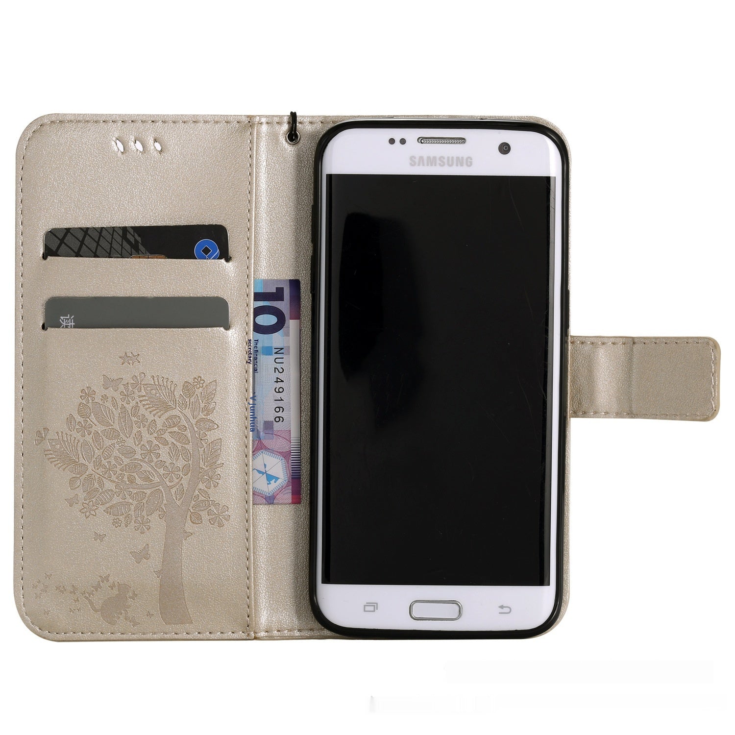 HKM-048467 S23 Cat and Tree Clamshell Mobile Phone Case - Multicolor PU Anti-Fall Design for Samsung