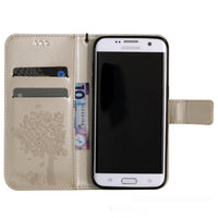 HKM-048467 S23 Cat and Tree Clamshell Mobile Phone Case - Multicolor PU Anti-Fall Design for Samsung